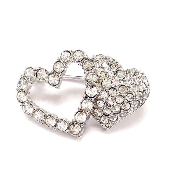 Swarovski Crystal Pave Double Heart Brooch Pin
